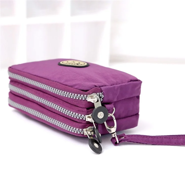 JIARIQINGREN 610 Women Three Layer Zipper Coin Purse Washed Denim Cellphone Holder Clutch with Wrist Strap - Sapphire