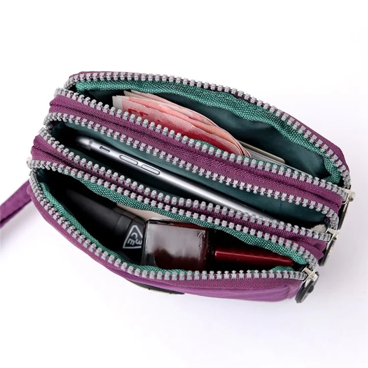 JIARIQINGREN 610 Women Three Layer Zipper Coin Purse Washed Denim Cellphone Holder Clutch with Wrist Strap - Sapphire