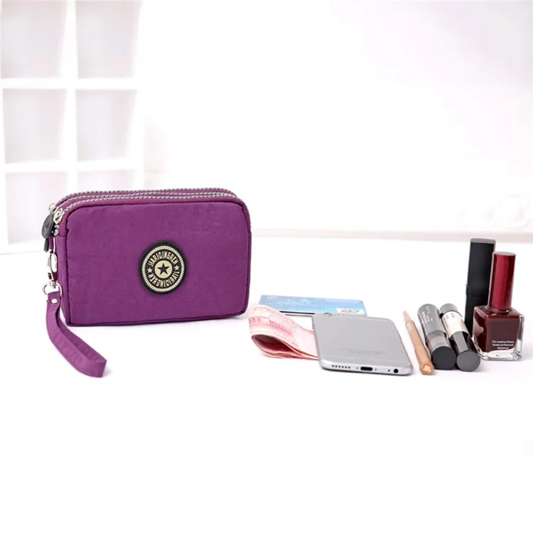 JIARIQINGREN 610 Women Three Layer Zipper Coin Purse Washed Denim Cellphone Holder Clutch with Wrist Strap - Sapphire