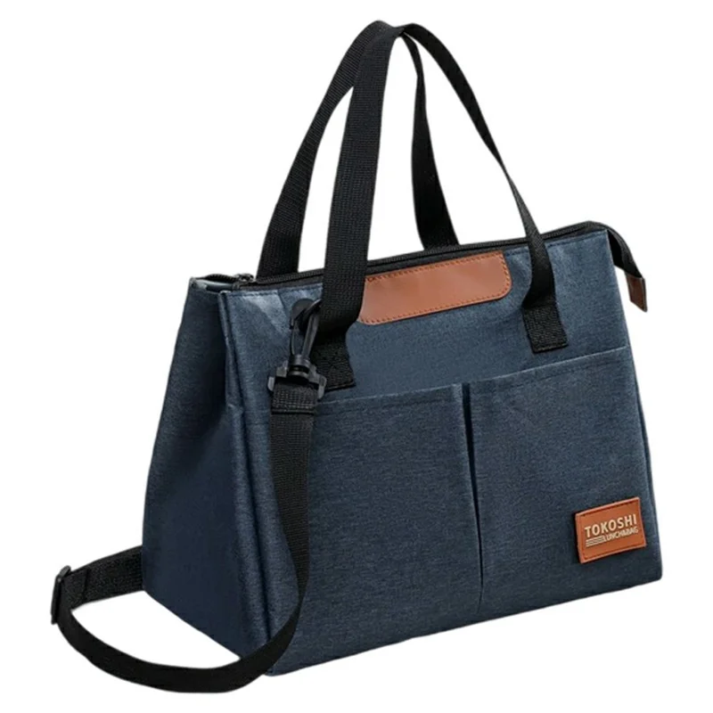 Triangle Shape Tote Insulated Lunch Bag Waterproof Oxford Fabric Thermal Food Carrier with Shoulder Strap - Navy Blue