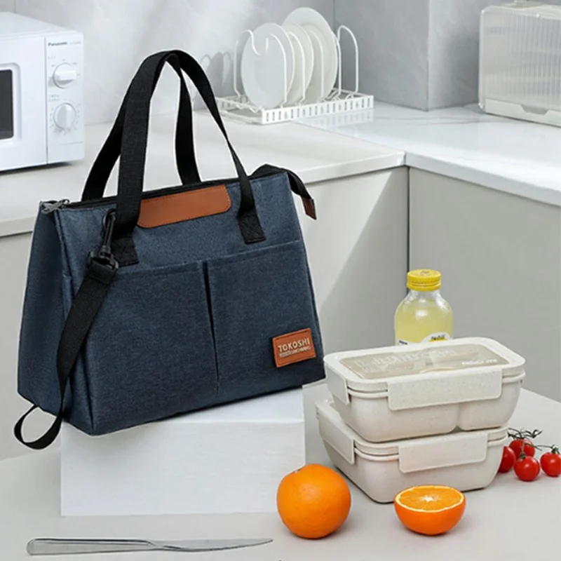Triangle Shape Tote Insulated Lunch Bag Waterproof Oxford Fabric Thermal Food Carrier with Shoulder Strap - Navy Blue