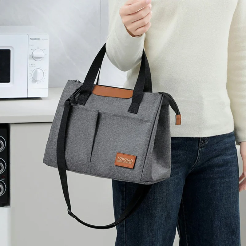 Triangle Shape Tote Insulated Lunch Bag Waterproof Oxford Fabric Thermal Food Carrier with Shoulder Strap - Navy Blue