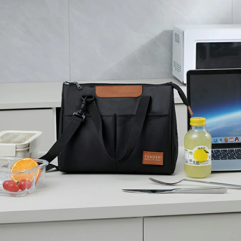 Triangle Shape Tote Insulated Lunch Bag Waterproof Oxford Fabric Thermal Food Carrier with Shoulder Strap - Navy Blue