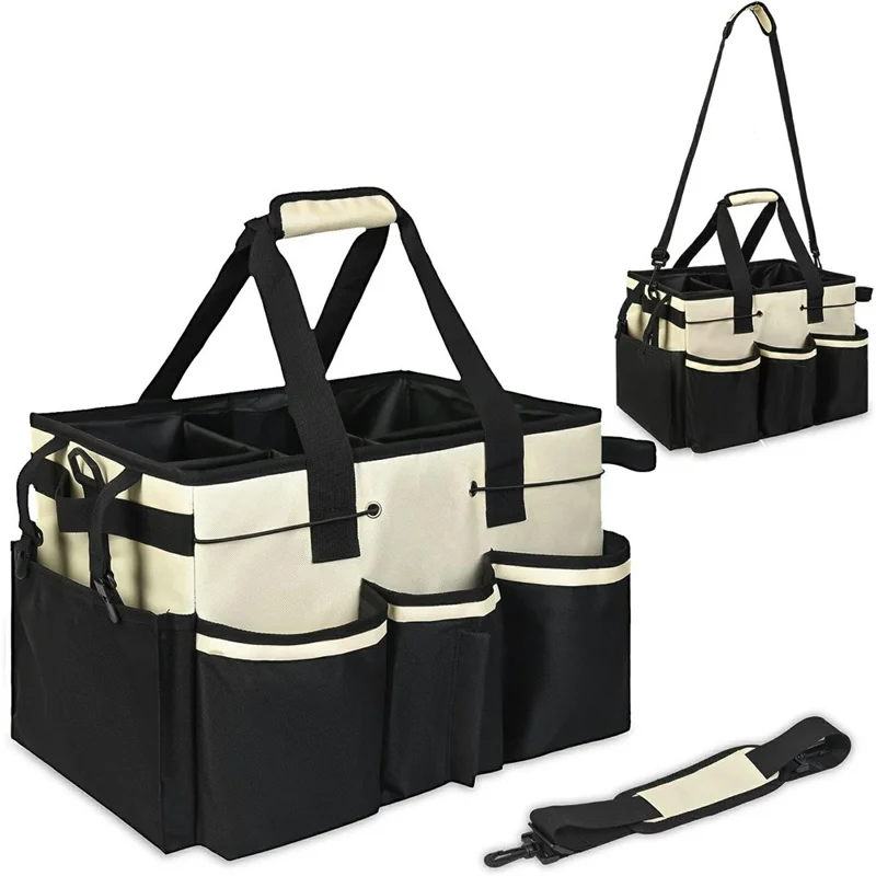 Portable Cleaning Caddy Organizer for Car Detailing Waterproof Storage Bag with Shoulder Strap - Beige