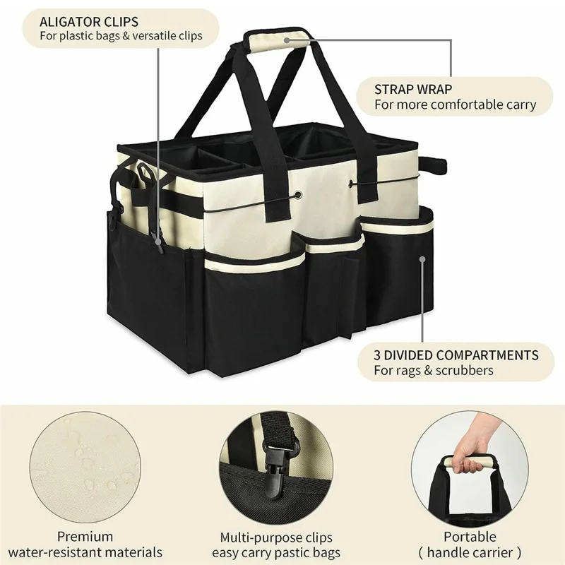 Portable Cleaning Caddy Organizer for Car Detailing Waterproof Storage Bag with Shoulder Strap - Beige