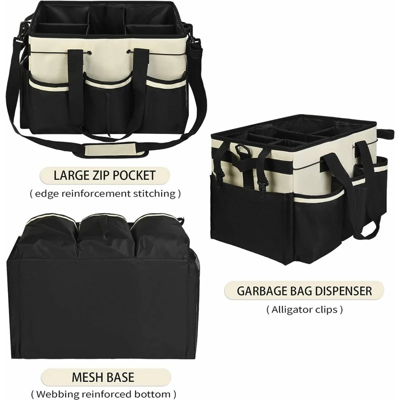 Portable Cleaning Caddy Organizer for Car Detailing Waterproof Storage Bag with Shoulder Strap - Beige