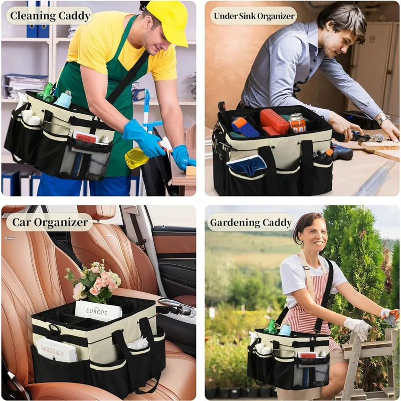 Portable Cleaning Caddy Organizer for Car Detailing Waterproof Storage Bag with Shoulder Strap - Beige