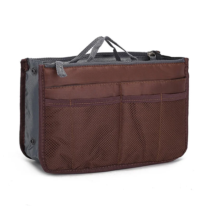 Handbag Organizer Multi-function Ladies Insert Expandable Liner Bag Pouch Zipper Closure Cosmetic Organizer Travel Tidy Bag with Handle - Coffee