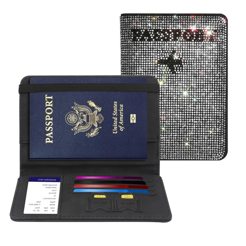 Rhinestones Decor Travel Passport Holder PU Leather Card Organizer Boarding Pass Cover - White