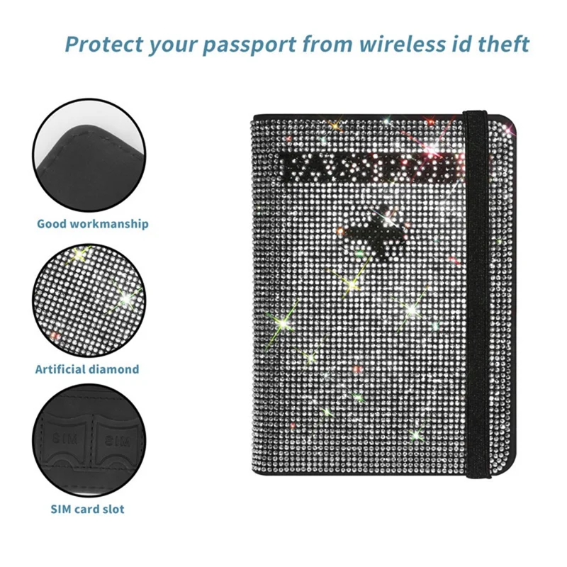Rhinestones Decor Travel Passport Holder PU Leather Card Organizer Boarding Pass Cover - White