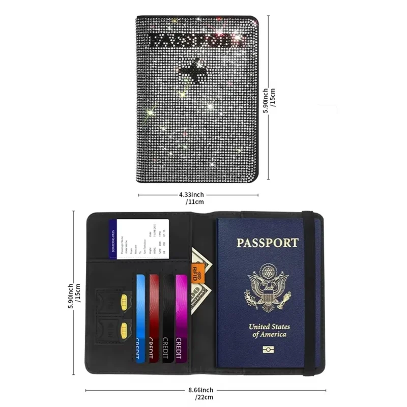 Rhinestones Decor Travel Passport Holder PU Leather Card Organizer Boarding Pass Cover - White