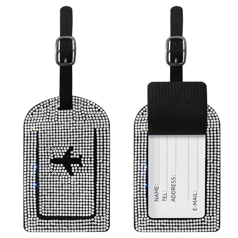 Rhinestones Decor PU Leather Luggage Tag for Suitcase Baggage Label Address Name Card Tag with Privacy Protection Cover - White