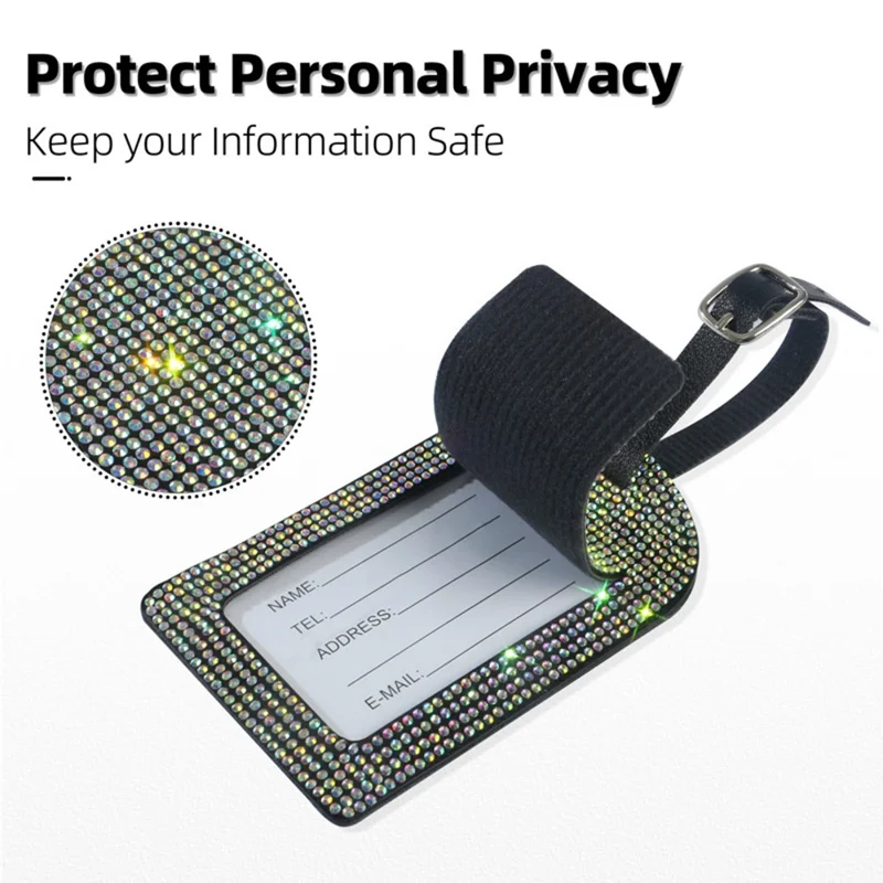Rhinestones Decor PU Leather Luggage Tag for Suitcase Baggage Label Address Name Card Tag with Privacy Protection Cover - White