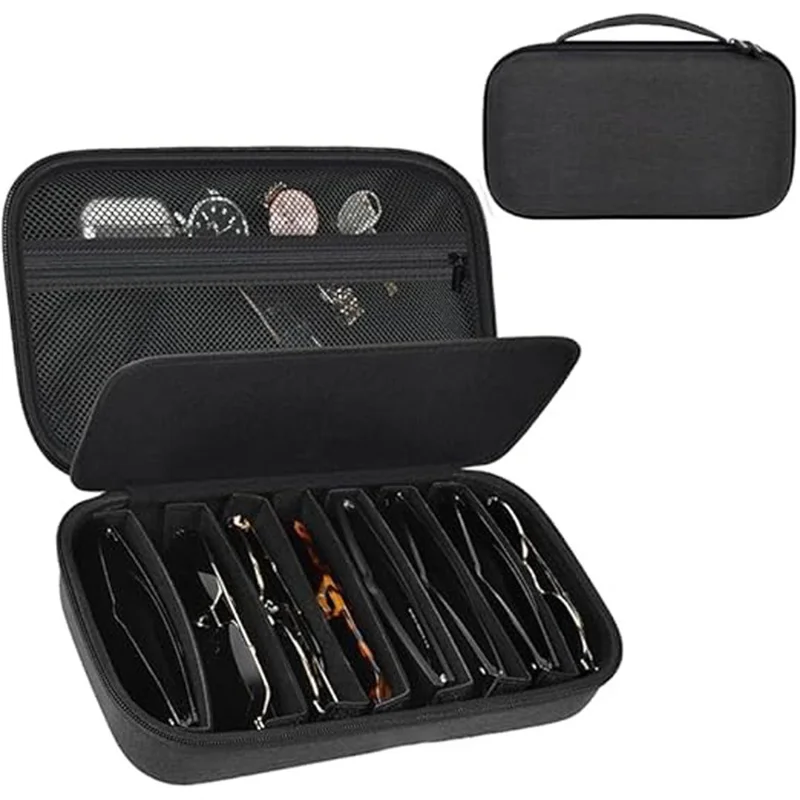 8 Compartments Sunglasses Case Hard EVA Portable Digital Storage Box with Handle - Black