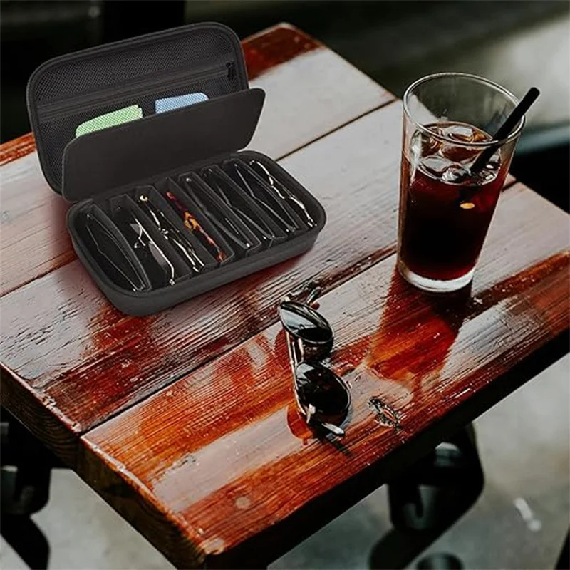 8 Compartments Sunglasses Case Hard EVA Portable Digital Storage Box with Handle - Black