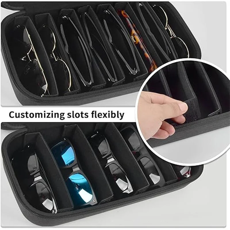 8 Compartments Sunglasses Case Hard EVA Portable Digital Storage Box with Handle - Black
