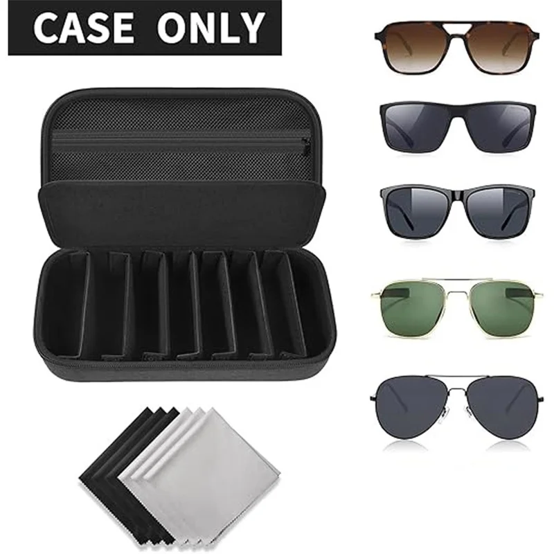 8 Compartments Sunglasses Case Hard EVA Portable Digital Storage Box with Handle - Black