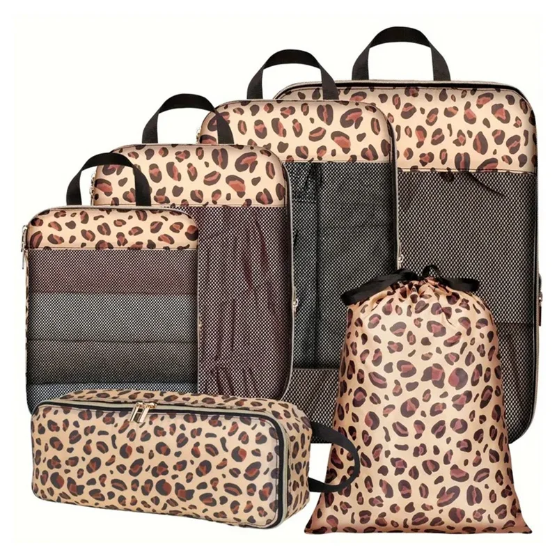 6Pcs / Set Leopard Print Travel Packing Cubes Set for Luggage Nylon Compression Organizers Clothes Toiletries Storage Bag - Brown