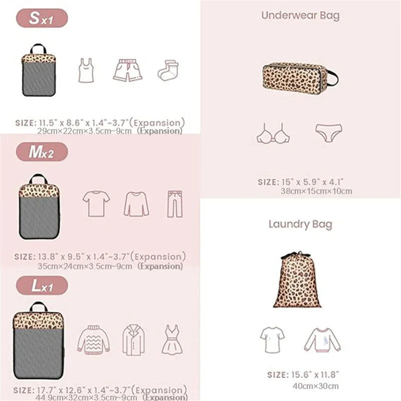 6Pcs / Set Leopard Print Travel Packing Cubes Set for Luggage Nylon Compression Organizers Clothes Toiletries Storage Bag - Brown