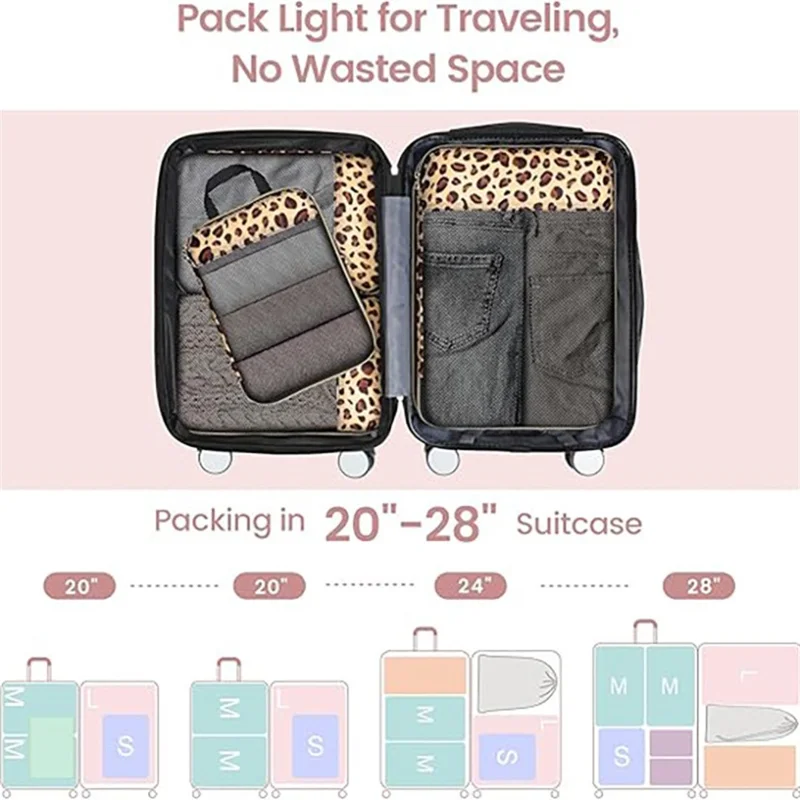 6Pcs / Set Leopard Print Travel Packing Cubes Set for Luggage Nylon Compression Organizers Clothes Toiletries Storage Bag - Brown