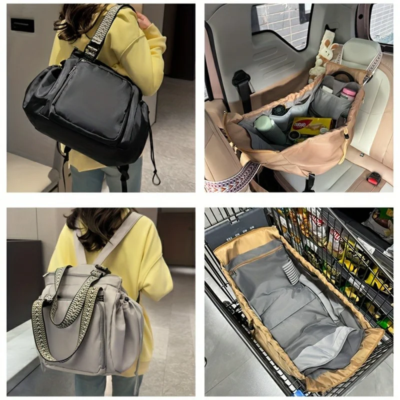 Large Capacity Mommy Bag Nylon Portable Folding Crib Bed Multipurpose Travel Baby Diaper Backpack - Coffee