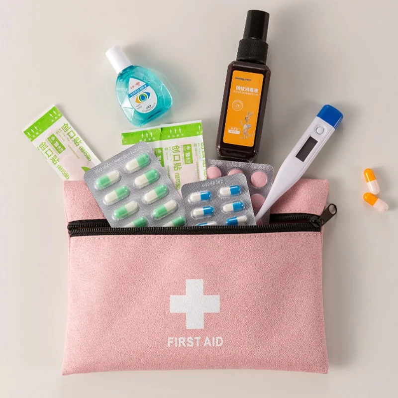 Mini Kit de Primeiros Socorros 12 x 16 cm, Design Plano, Bolsa de Emergência Médica para Viagem / Exterior / Acampamento, Tamanho P - Rosa