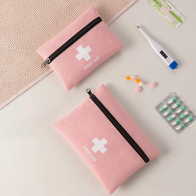 Mini Kit de Primeiros Socorros 12 x 16 cm, Design Plano, Bolsa de Emergência Médica para Viagem / Exterior / Acampamento, Tamanho P - Rosa