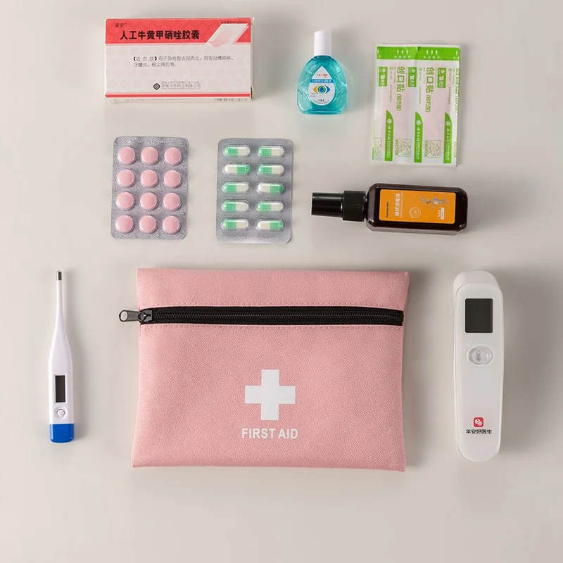 Mini Kit de Primeiros Socorros 12 x 16 cm, Design Plano, Bolsa de Emergência Médica para Viagem / Exterior / Acampamento, Tamanho P - Rosa