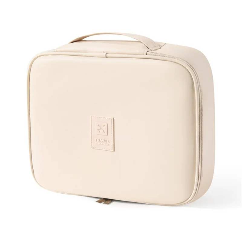 PU-Leder-Quadratische Kosmetiktasche Reise-Toilettenartikel-Organizer Große Kapazität Makeup-Koffer Tragbare Aufbewahrungstasche - Beige