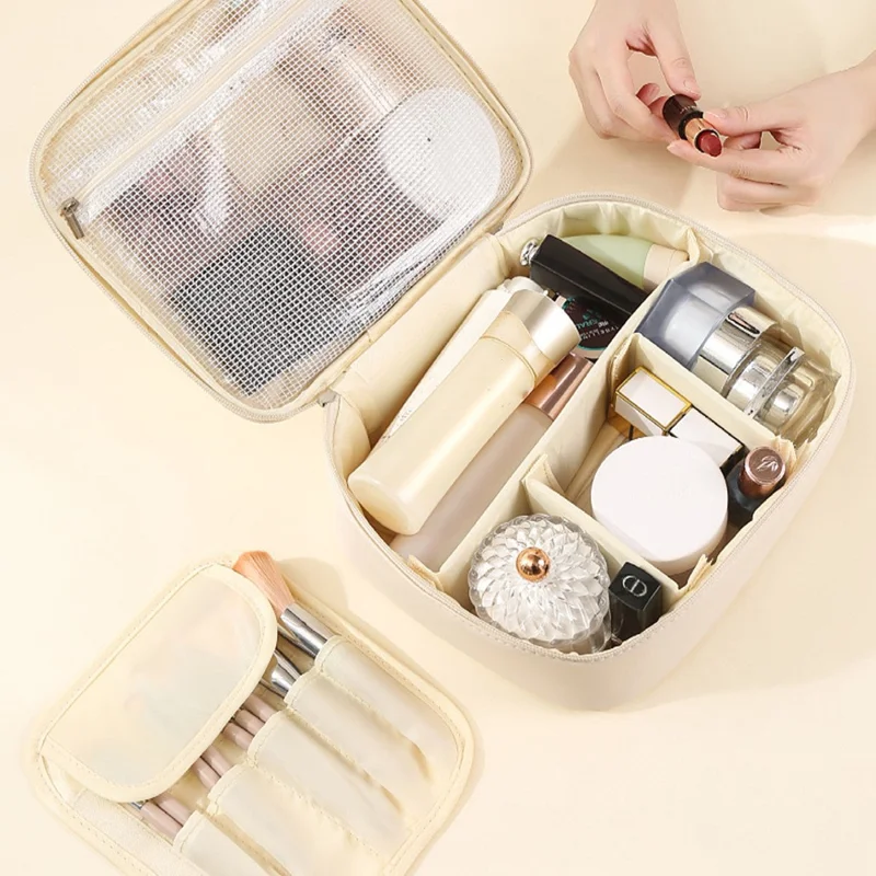 PU-Leder-Quadratische Kosmetiktasche Reise-Toilettenartikel-Organizer Große Kapazität Makeup-Koffer Tragbare Aufbewahrungstasche - Beige