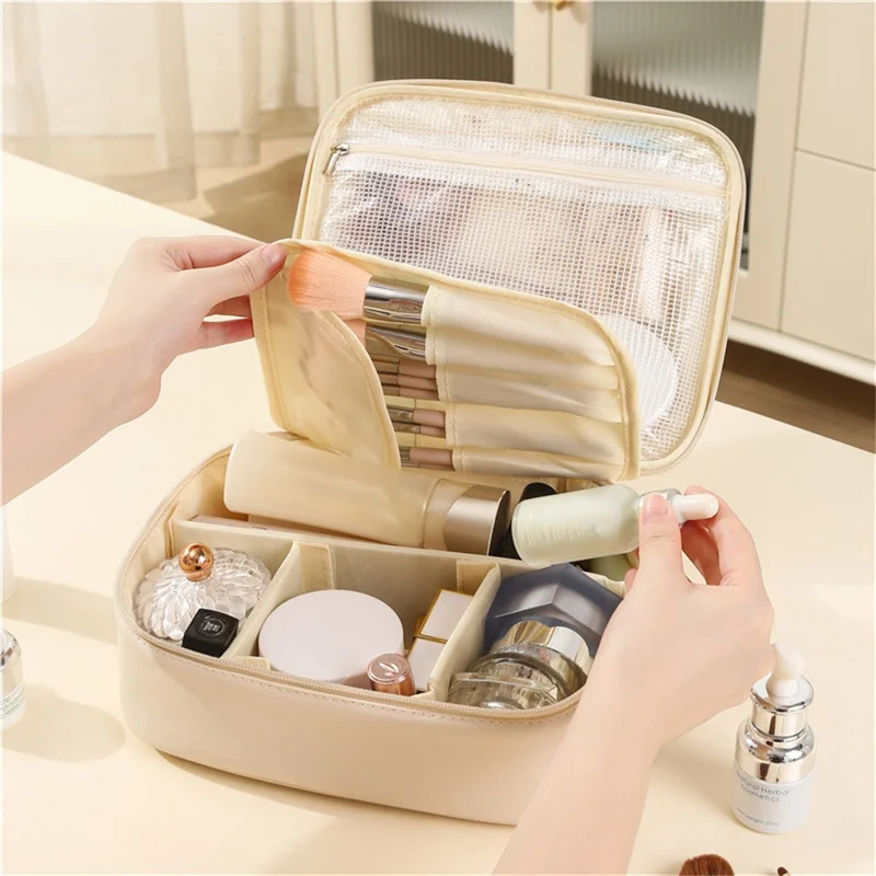 PU-Leder-Quadratische Kosmetiktasche Reise-Toilettenartikel-Organizer Große Kapazität Makeup-Koffer Tragbare Aufbewahrungstasche - Beige
