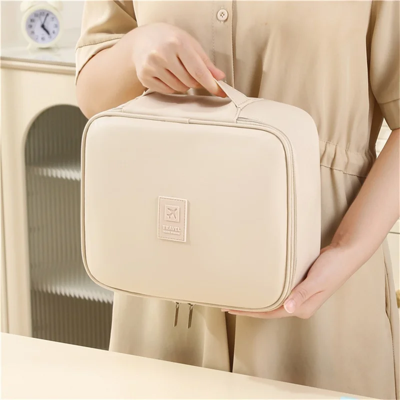 PU-Leder-Quadratische Kosmetiktasche Reise-Toilettenartikel-Organizer Große Kapazität Makeup-Koffer Tragbare Aufbewahrungstasche - Beige