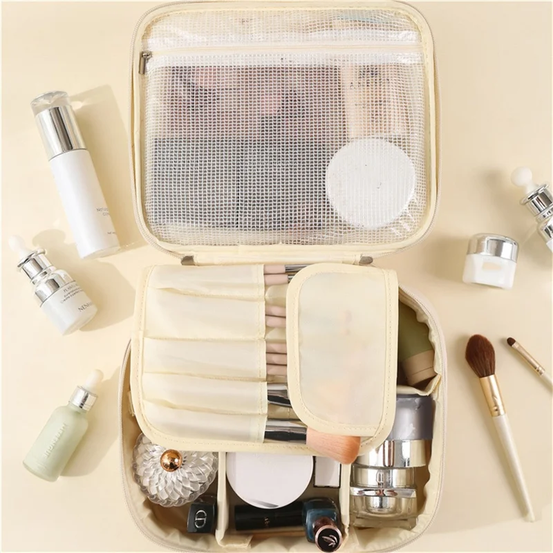 PU-Leder-Quadratische Kosmetiktasche Reise-Toilettenartikel-Organizer Große Kapazität Makeup-Koffer Tragbare Aufbewahrungstasche - Beige