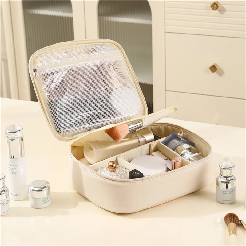 PU-Leder-Quadratische Kosmetiktasche Reise-Toilettenartikel-Organizer Große Kapazität Makeup-Koffer Tragbare Aufbewahrungstasche - Beige