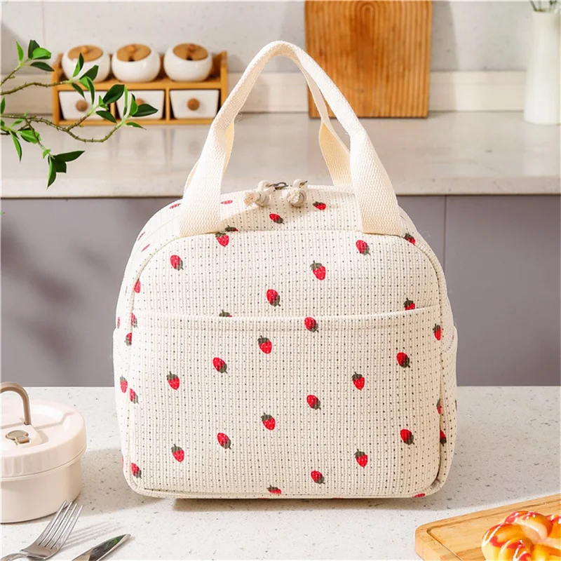 Lunch Bag Portable Insulated Tote Corduroy Cooler Storage Bag with Waterproof Lining for Work  /  Travel  /  Picnic - Strawberry