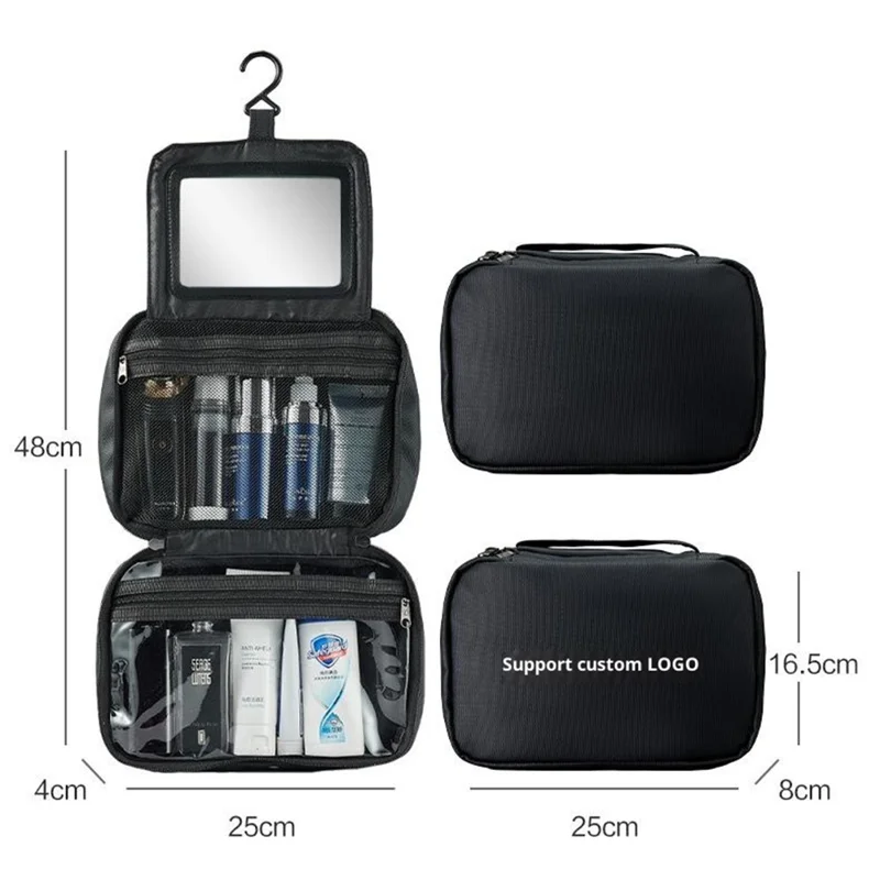 Bolsa de Aseo de Viaje con Separación Seca y Húmeda, Espejo Incorporado, Impermeable y Plegable para Maquillaje con Gancho - Negro