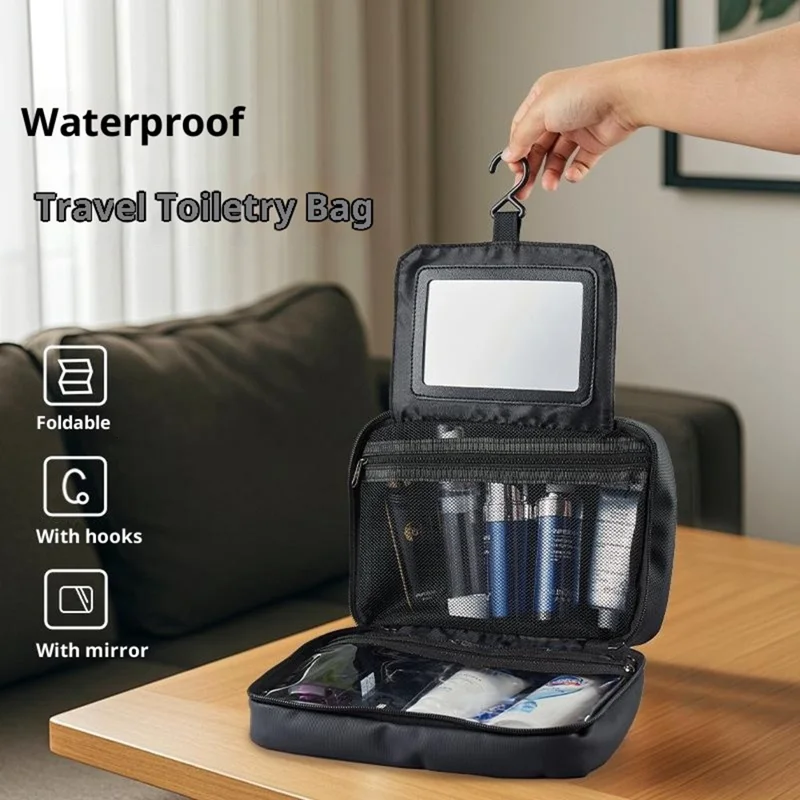 Bolsa de Aseo de Viaje con Separación Seca y Húmeda, Espejo Incorporado, Impermeable y Plegable para Maquillaje con Gancho - Negro