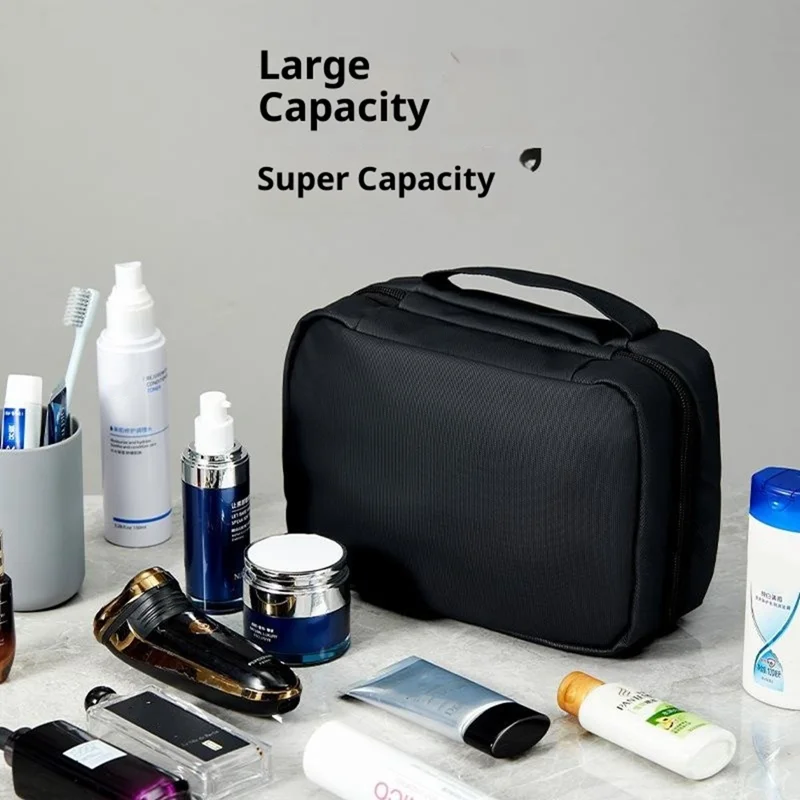 Bolsa de Aseo de Viaje con Separación Seca y Húmeda, Espejo Incorporado, Impermeable y Plegable para Maquillaje con Gancho - Negro