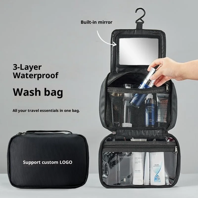 Bolsa de Aseo de Viaje con Separación Seca y Húmeda, Espejo Incorporado, Impermeable y Plegable para Maquillaje con Gancho - Negro