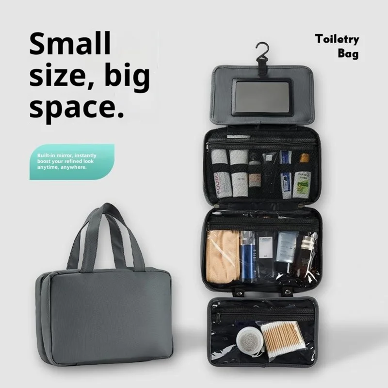 Bolsa de artículos de tocador de viaje impermeable con espejo incorporado, separación de seco y húmedo, organizador de cosméticos plegable con gancho colgante - Gris
