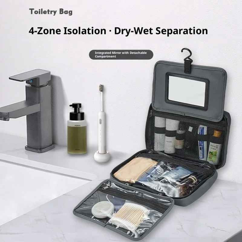 Bolsa de artículos de tocador de viaje impermeable con espejo incorporado, separación de seco y húmedo, organizador de cosméticos plegable con gancho colgante - Gris