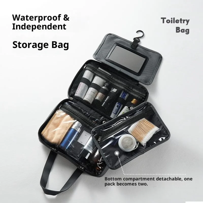 Bolsa de artículos de tocador de viaje impermeable con espejo incorporado, separación de seco y húmedo, organizador de cosméticos plegable con gancho colgante - Gris