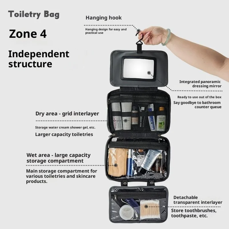 Bolsa de artículos de tocador de viaje impermeable con espejo incorporado, separación de seco y húmedo, organizador de cosméticos plegable con gancho colgante - Gris