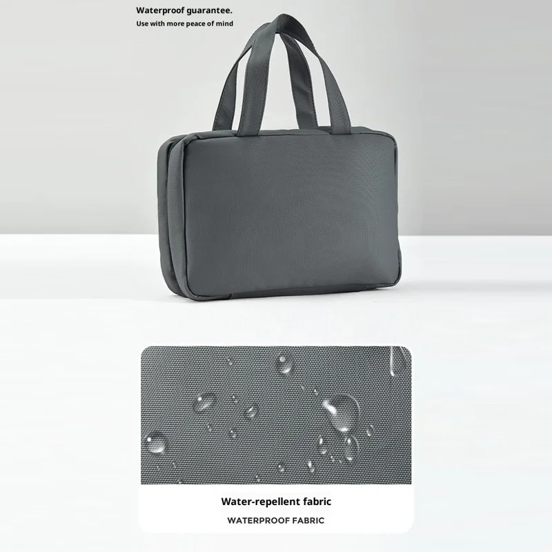 Bolsa de artículos de tocador de viaje impermeable con espejo incorporado, separación de seco y húmedo, organizador de cosméticos plegable con gancho colgante - Gris