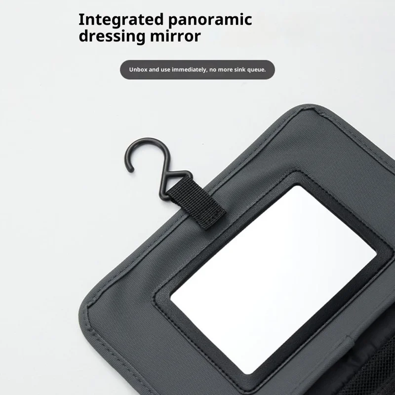 Bolsa de artículos de tocador de viaje impermeable con espejo incorporado, separación de seco y húmedo, organizador de cosméticos plegable con gancho colgante - Gris