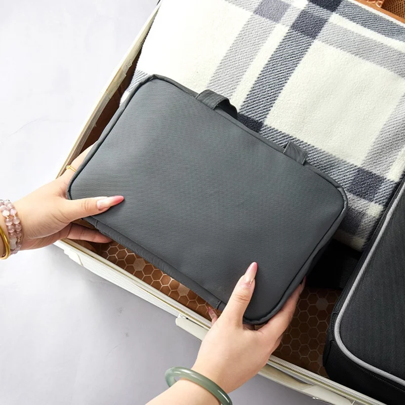 Bolsa de artículos de tocador de viaje impermeable con espejo incorporado, separación de seco y húmedo, organizador de cosméticos plegable con gancho colgante - Gris