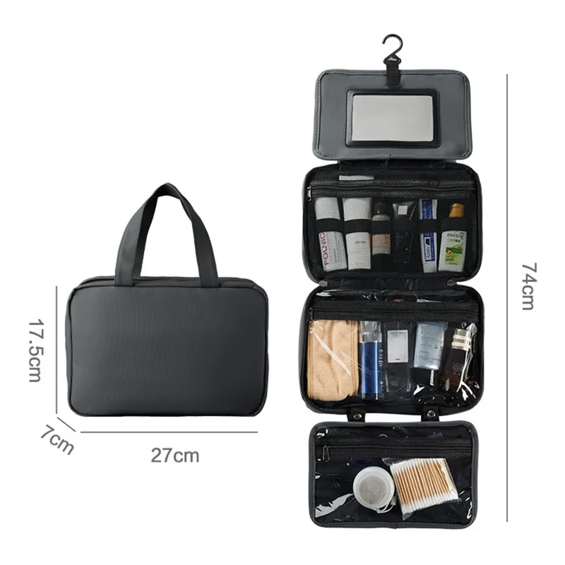 Bolsa de artículos de tocador de viaje impermeable con espejo incorporado, separación de seco y húmedo, organizador de cosméticos plegable con gancho colgante - Gris