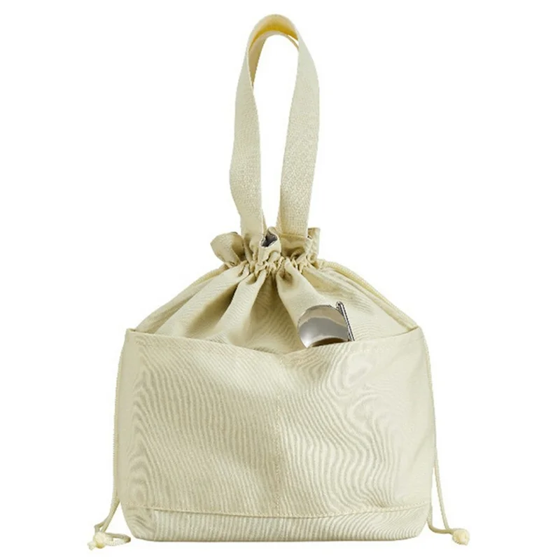 Canvas Lunch Bag Drawstring Insulated Tote for Work Picnic Portable Meal Container Carrier - Beige