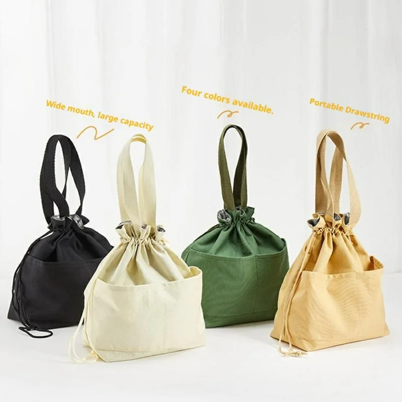 Canvas Lunch Bag Drawstring Insulated Tote for Work Picnic Portable Meal Container Carrier - Beige