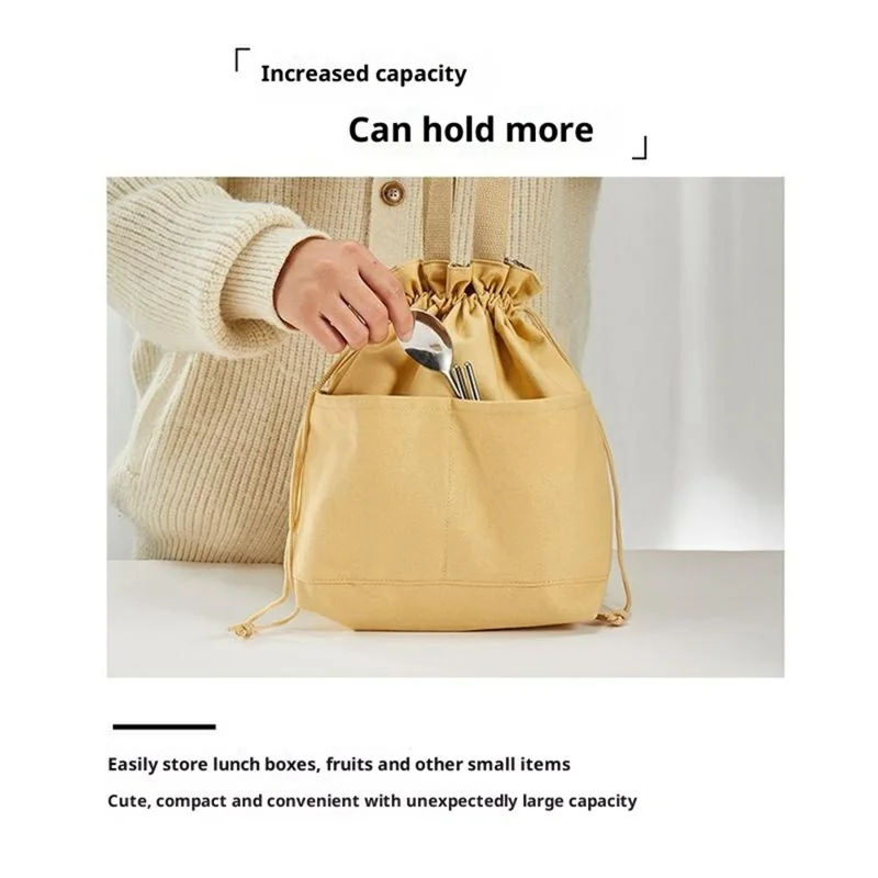 Canvas Lunch Bag Drawstring Insulated Tote for Work Picnic Portable Meal Container Carrier - Beige